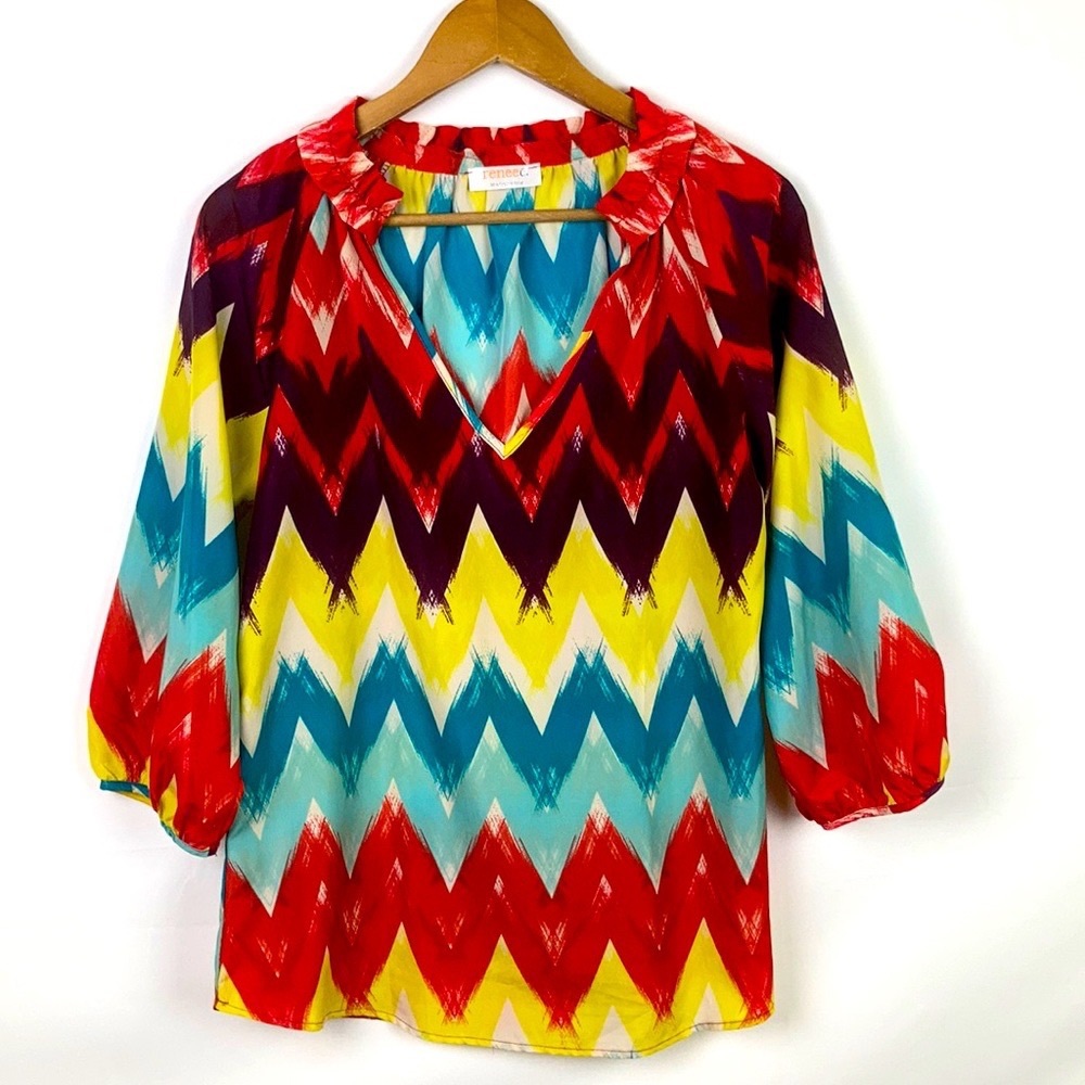 Renee C Chevron BlouseV Neck Large Half Sleeve Multi Color Watercolor Print
